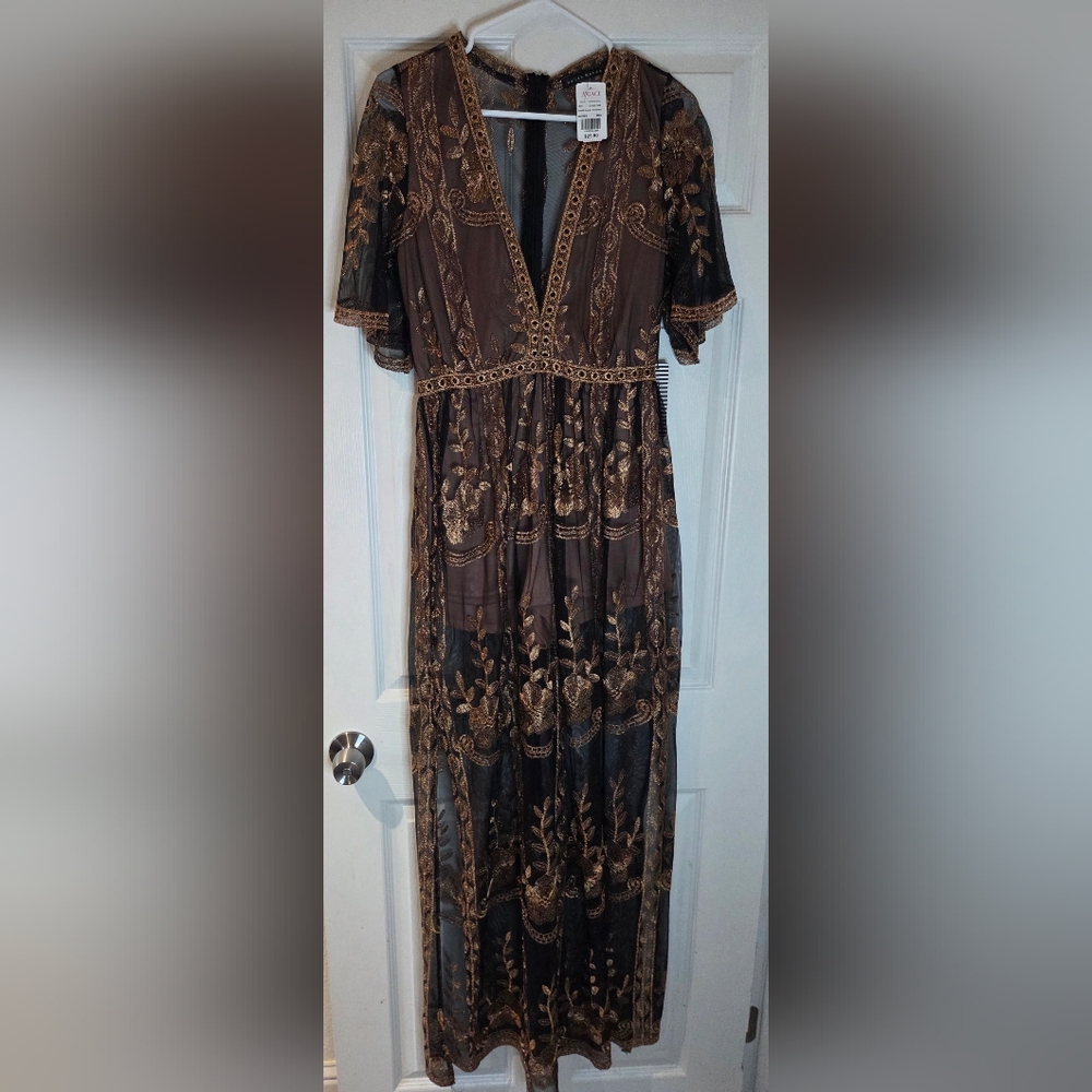 a'gaci Copper Embroidered Mesh V-Neck Dress